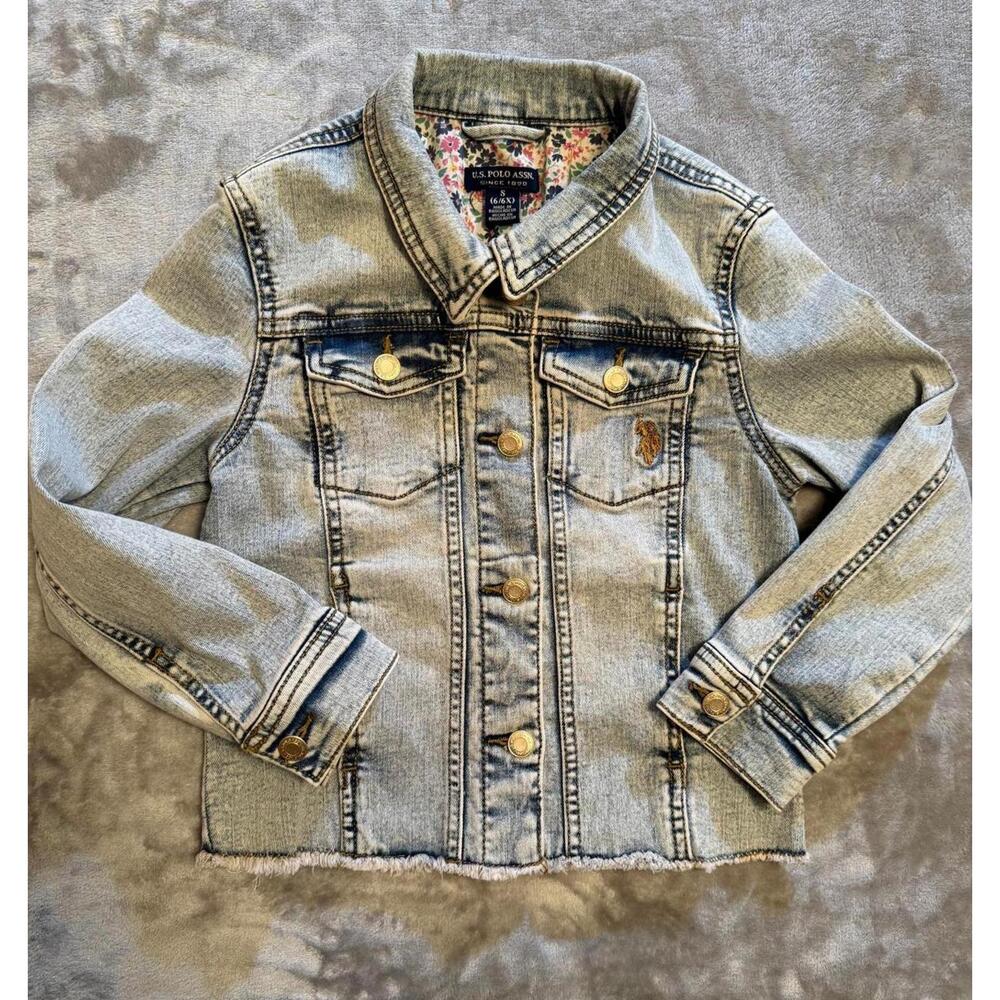 US Polo ASSN Denim Light Wash Jacket Girls 6X/6 Floral Lining Snap Collard Girly